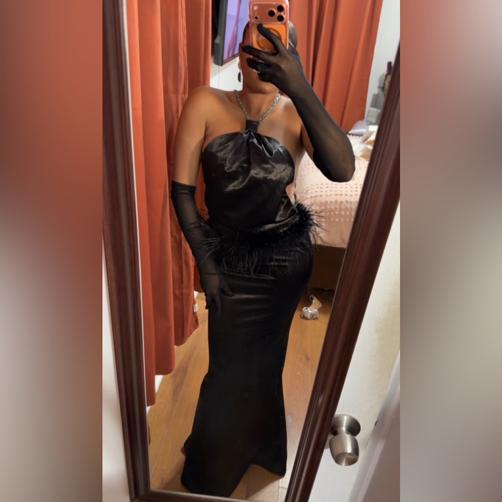 Formal Satin Feather Maxi Dress